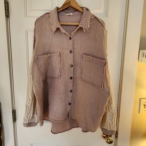 Pol Mineral Washed Button Up Shirt Purple Crochet Sleeves Boho Size Large Boxy